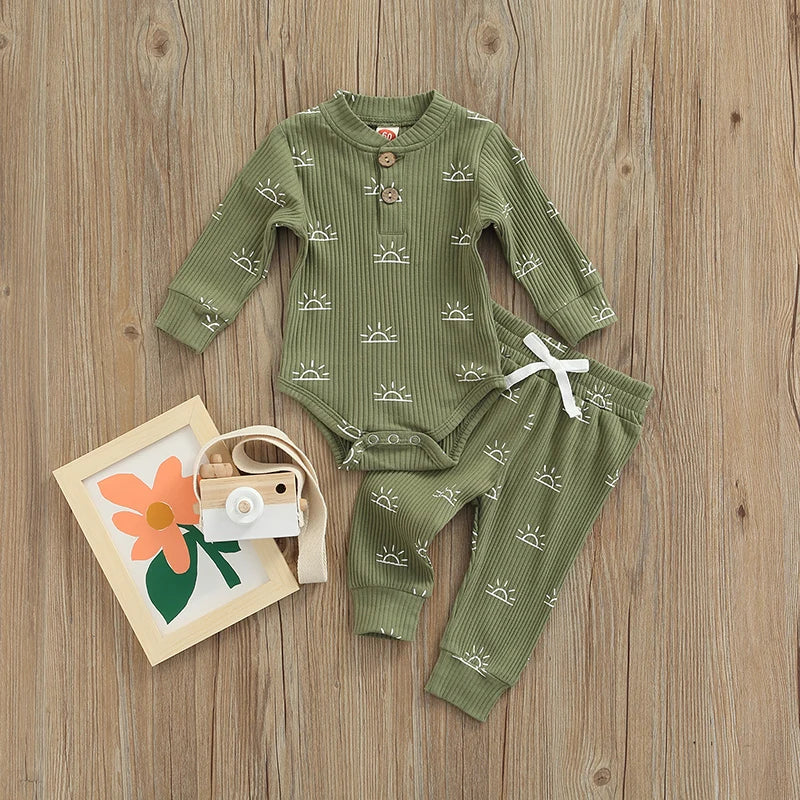 Newborn Infant Baby Boys Girls Winter Clothes Cotton Knitted Ribbed Sun Print Long Sleeve Bodysuits Casual Pants Toddler Outfits