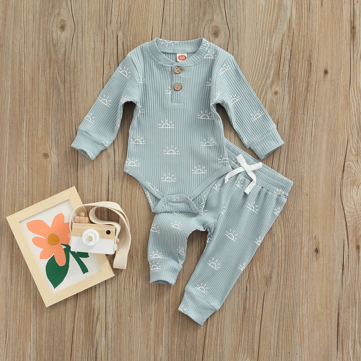 Newborn Infant Baby Boys Girls Winter Clothes Cotton Knitted Ribbed Sun Print Long Sleeve Bodysuits Casual Pants Toddler Outfits