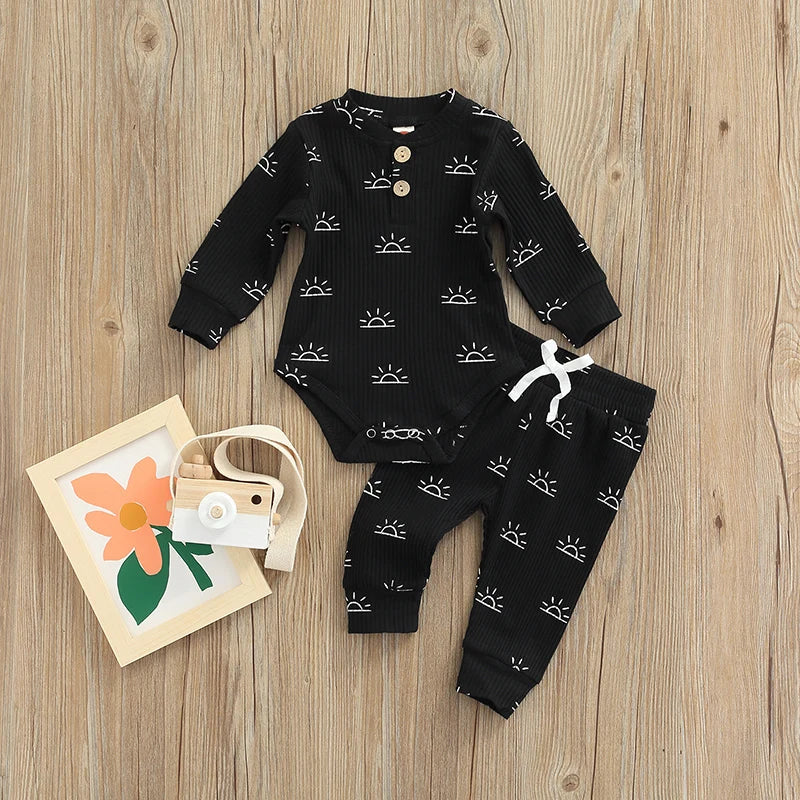 Newborn Infant Baby Boys Girls Winter Clothes Cotton Knitted Ribbed Sun Print Long Sleeve Bodysuits Casual Pants Toddler Outfits