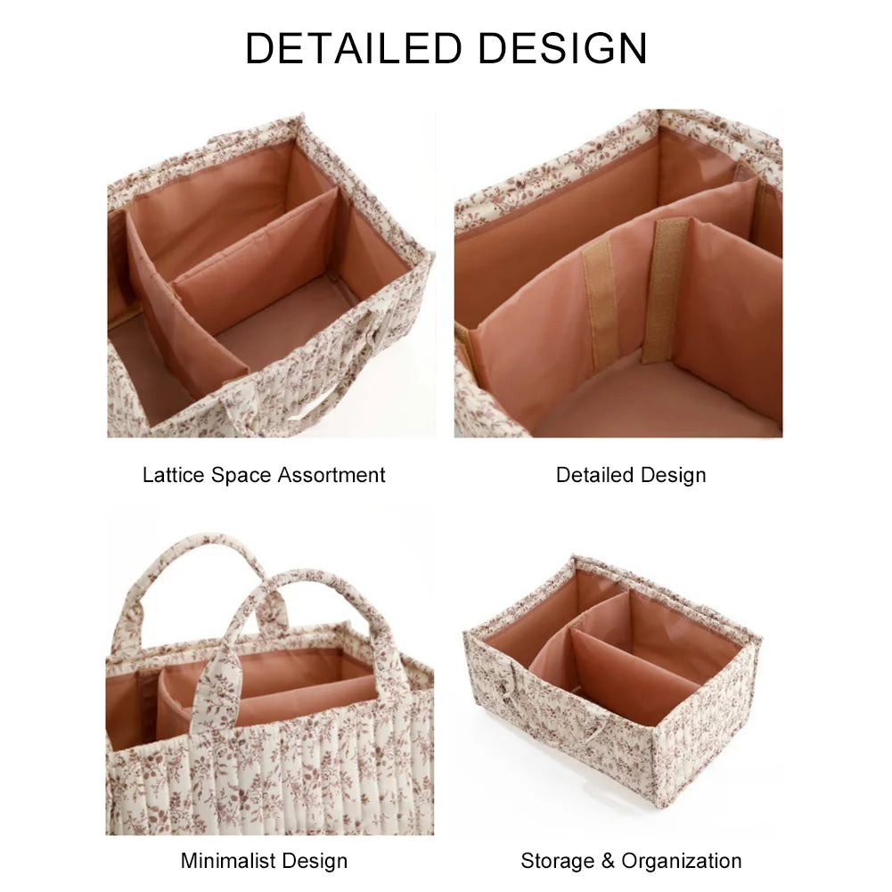 Baby Diaper Caddy Organizer with Dividers Portable Floral Quilted Foldable Nursery Storage Basket for Car Travel Newborn Items