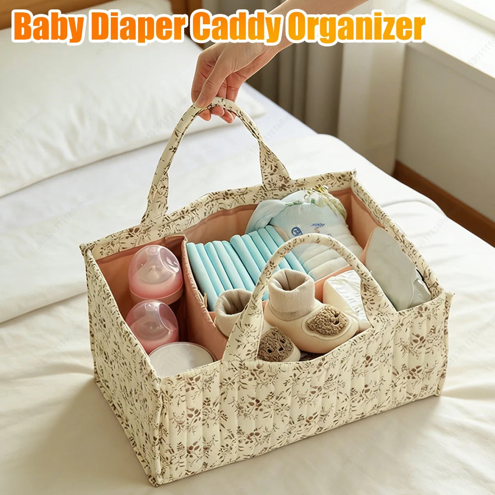 Baby Diaper Caddy Organizer with Dividers Portable Floral Quilted Foldable Nursery Storage Basket for Car Travel Newborn Items