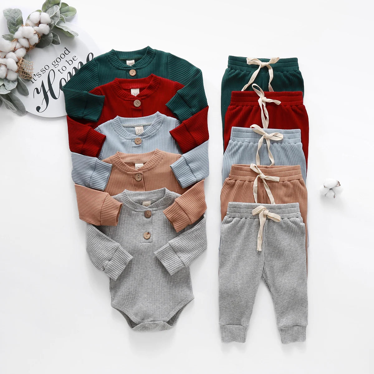 Newborn Infant Baby Boys Girls Winter Clothes Cotton Knitted Ribbed Sun Print Long Sleeve Bodysuits Casual Pants Toddler Outfits