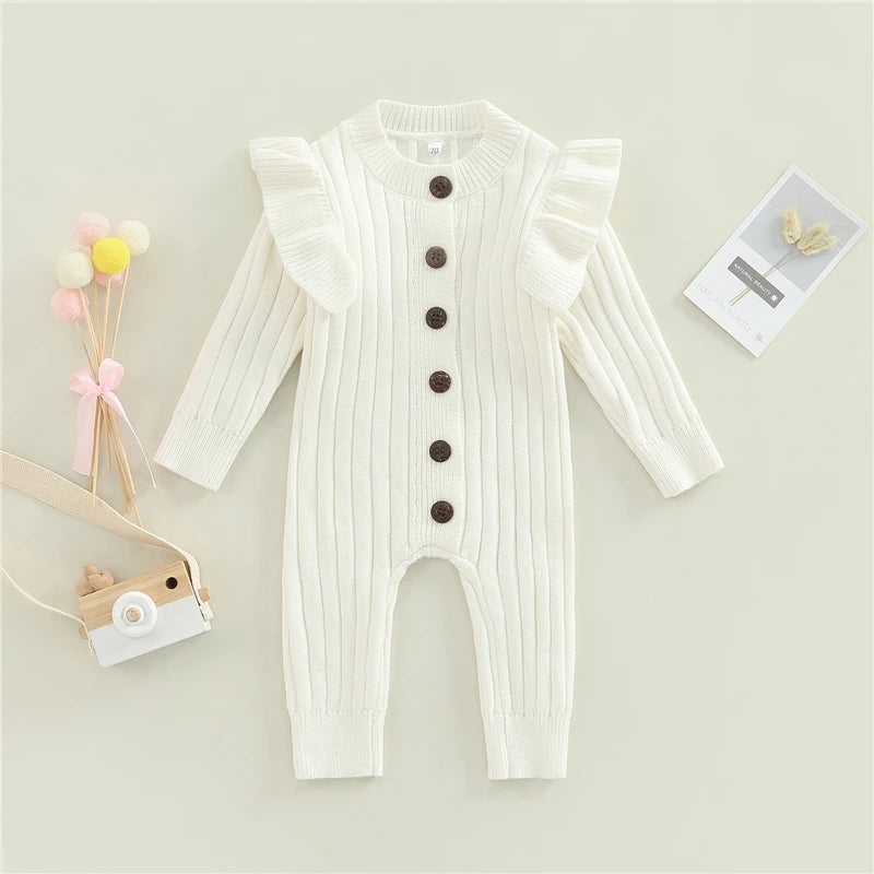 Autumn Infant baby Romper Cotton Knit Long Sleeve Ruffle Solid Color Girls Jumpsuits Newborn Girls Outfit Baby Clothes