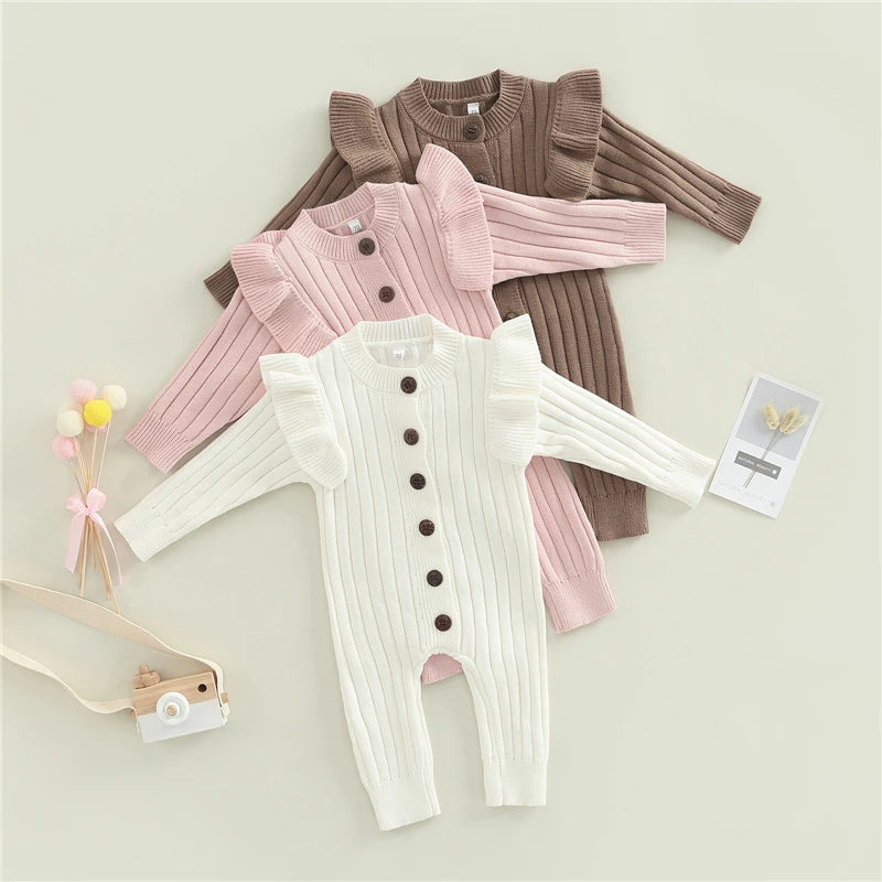 Autumn Infant baby Romper Cotton Knit Long Sleeve Ruffle Solid Color Girls Jumpsuits Newborn Girls Outfit Baby Clothes