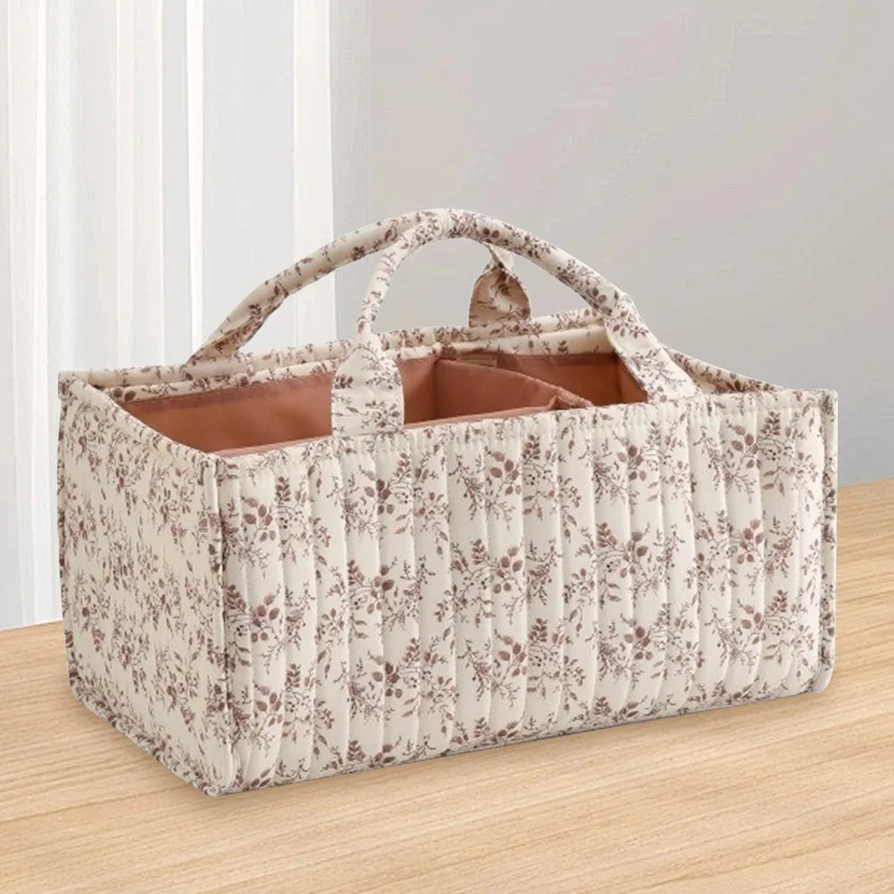 Baby Diaper Caddy Organizer with Dividers Portable Floral Quilted Foldable Nursery Storage Basket for Car Travel Newborn Items