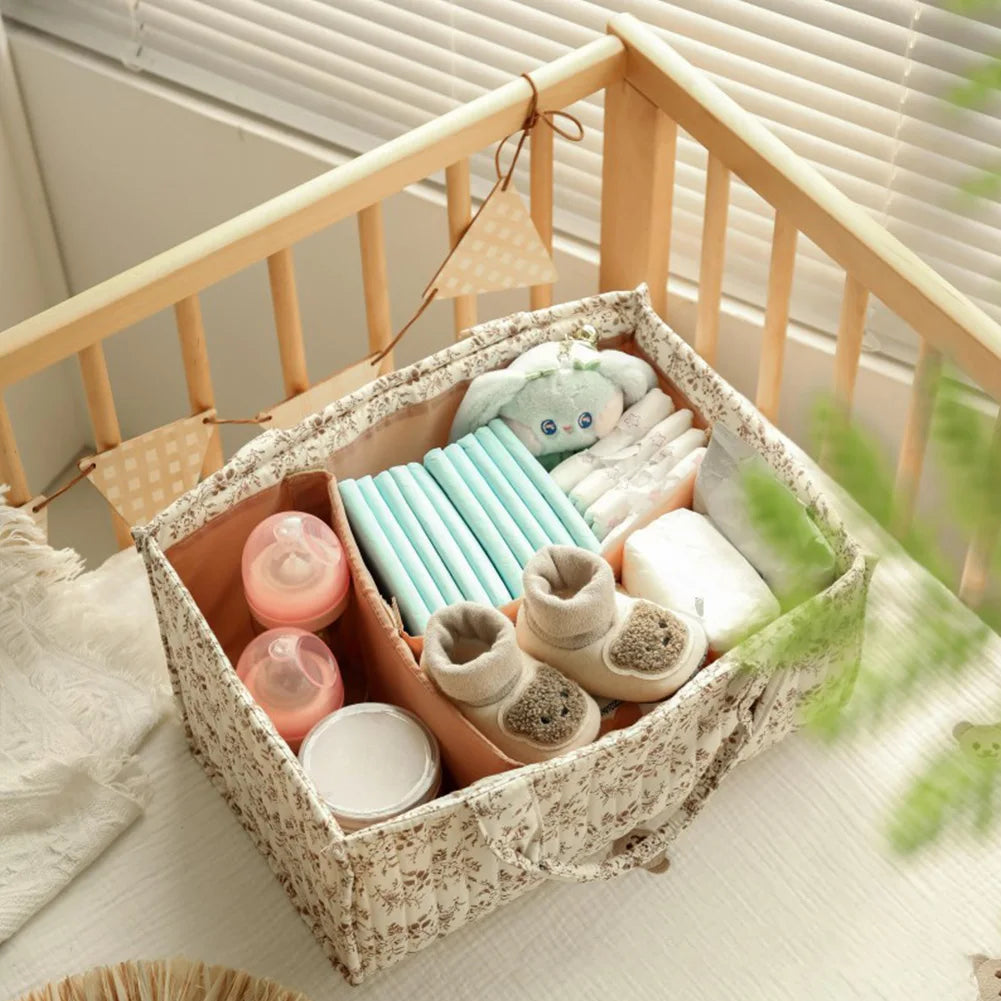 Baby Diaper Caddy Organizer with Dividers Portable Floral Quilted Foldable Nursery Storage Basket for Car Travel Newborn Items